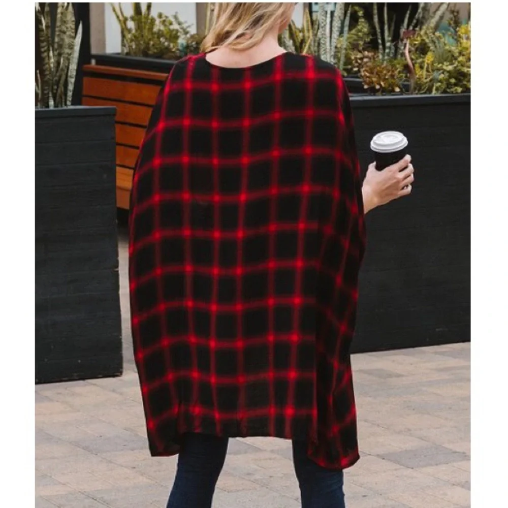 NEW Amaryllis Red Black Plaid Oversized Kimono Small Lumberjack Cabincore Grunge